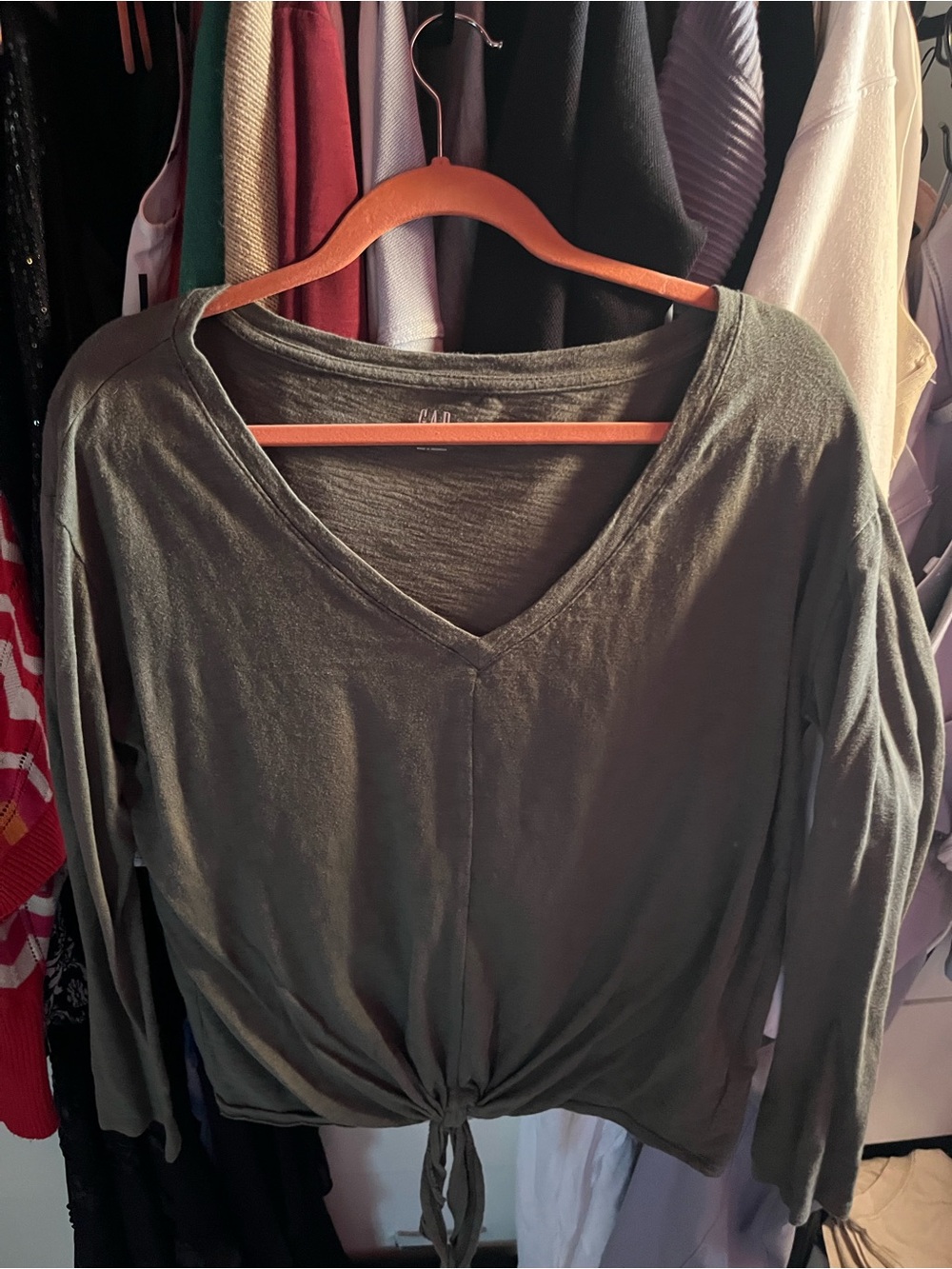 GAP Olive V-Neck Long Sleeve Tie-Front Top
